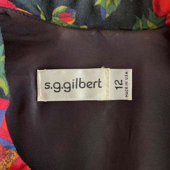 Vintage S.G.Gilbert Size 12 Dark Floral Dress Orange Long Sleeve Velvet Buttons - Picture 9 of 10